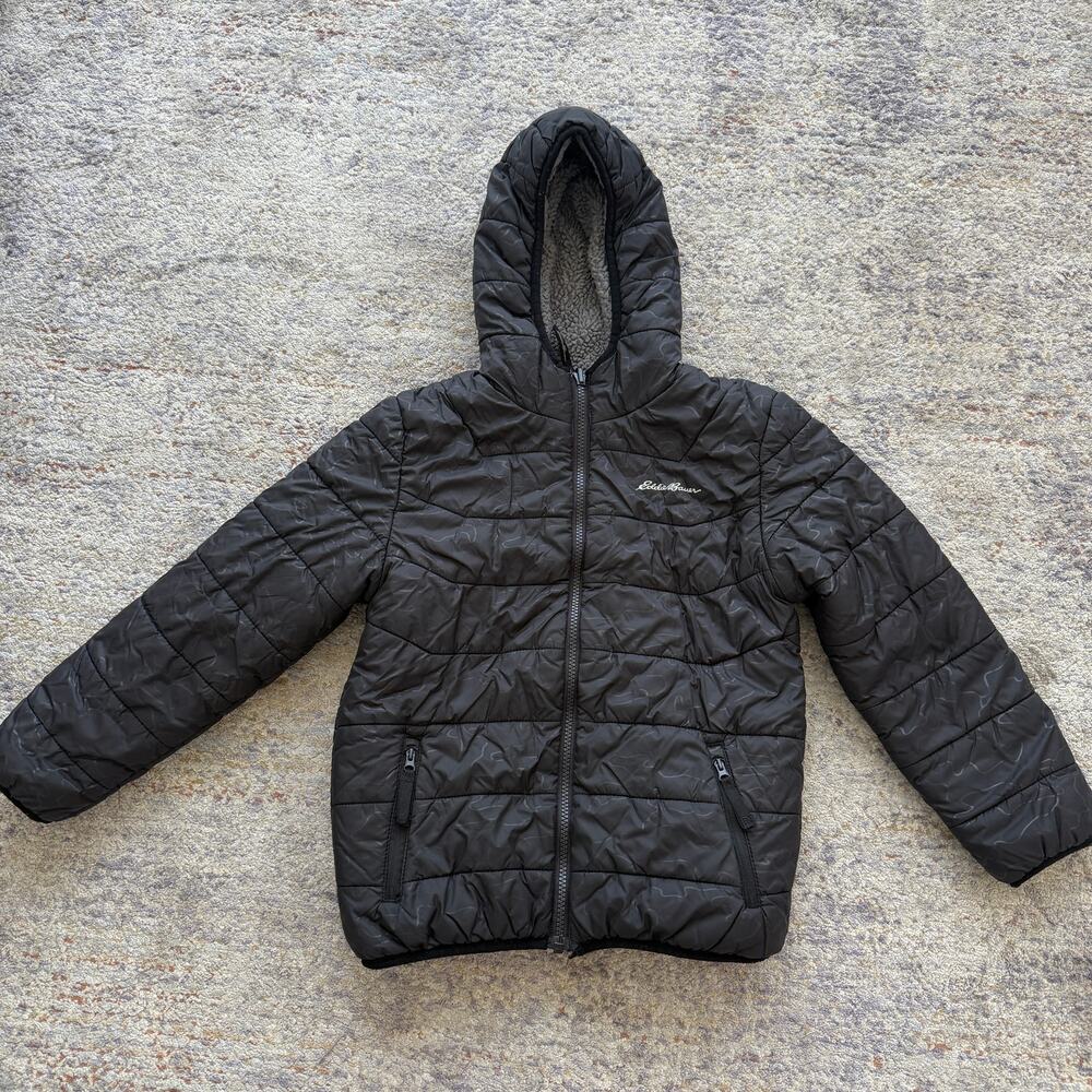 Eddie Bauer Kids Reversible Hooded Puffer Jacket Gray Sherpa Fleece Size S (7/8)